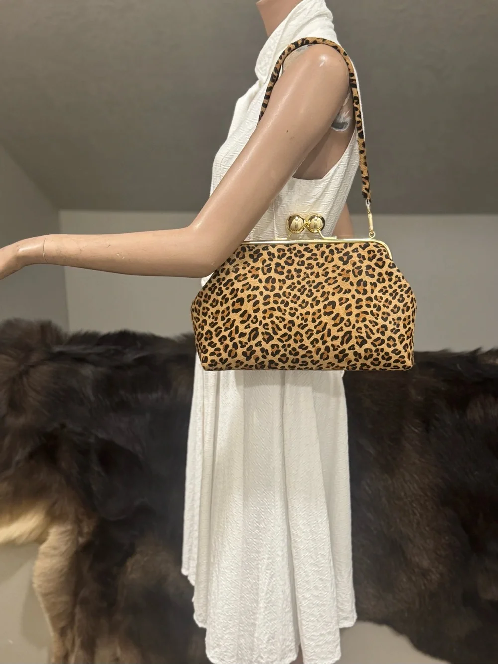 Leopard Print Hair-on Cowhide Handmade Custom Kisslock Frame Bag, & 2 Straps